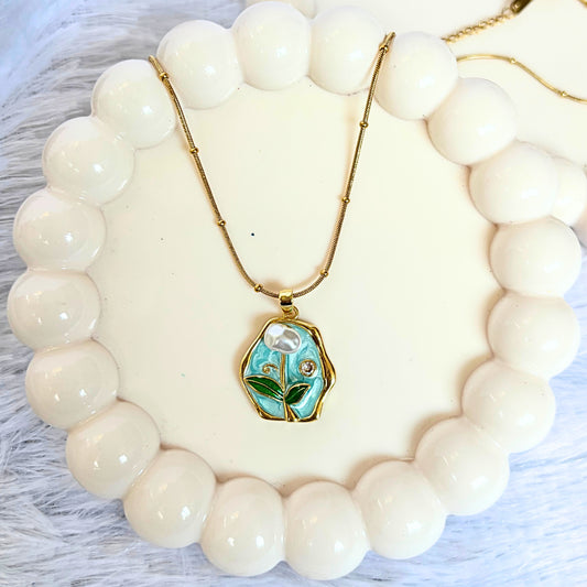 Pearl Flower Enamel Necklace